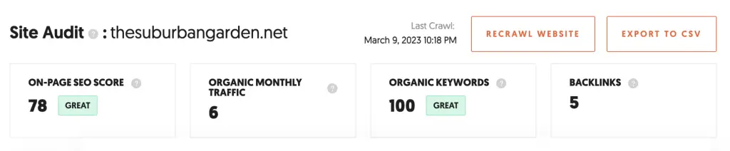 Ubersuggest blog growth statistics
on page seo score: 78 great, Organic monthly traffic:6, Organic keywords: 100 great, backlinks 5