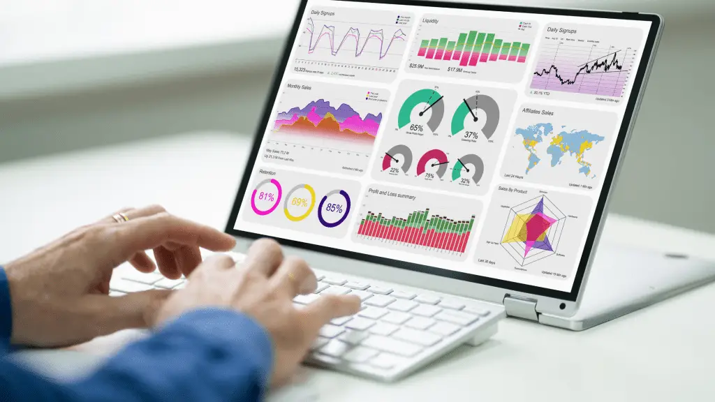 Laptop computer showing online course metrics