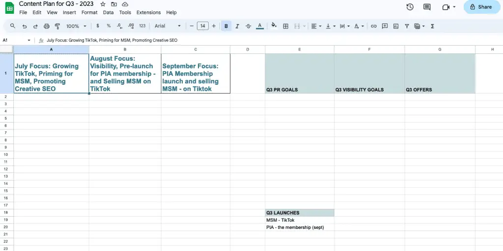 Content Calendar made in Google Sheets
