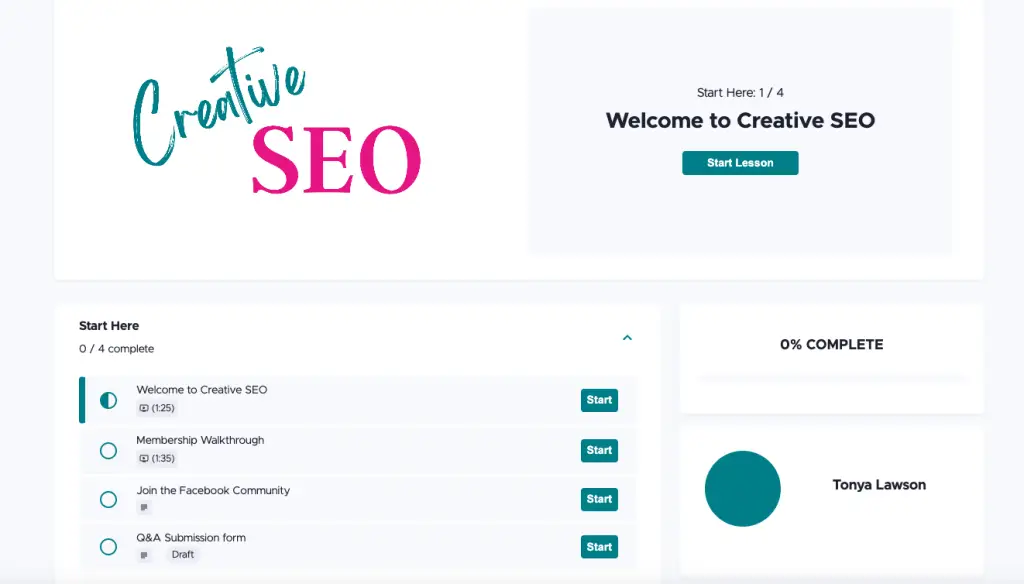 Screen shot of the Course Creative SEO by Tonya Lawson inside Teachable.  One of the best online course creation platforms.