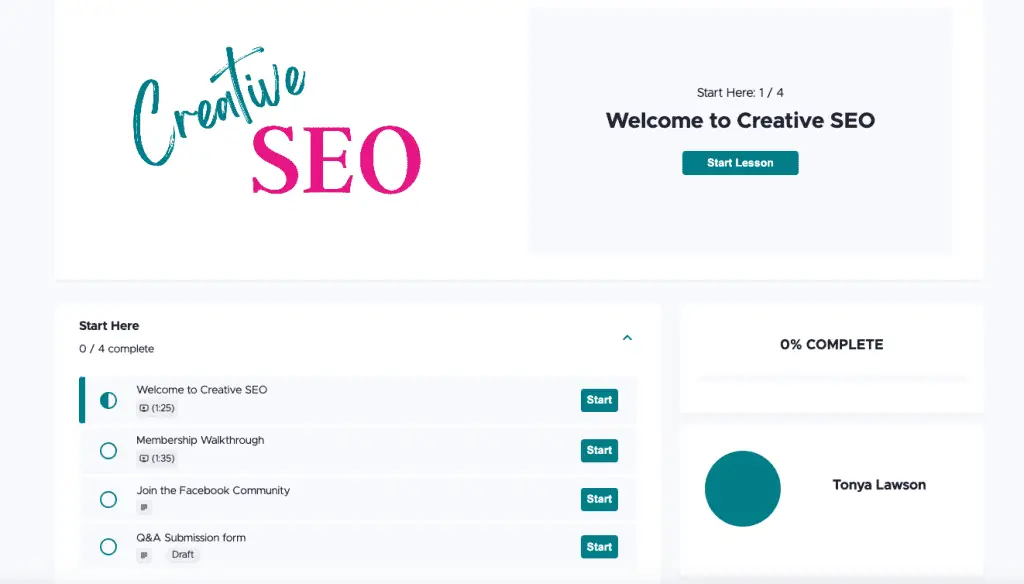 Screen shot of the Course Creative SEO by Tonya Lawson inside Teachable. One of the best online course creation platforms.