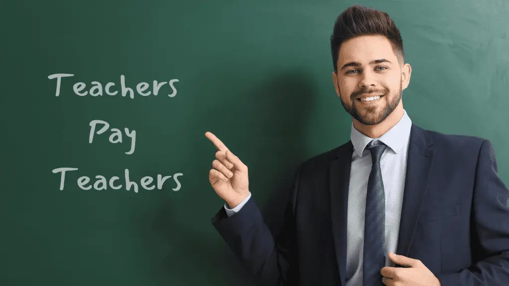 Teacher in a suit and tie pointing to a chalkboard that reads Teachers Pay Teachers