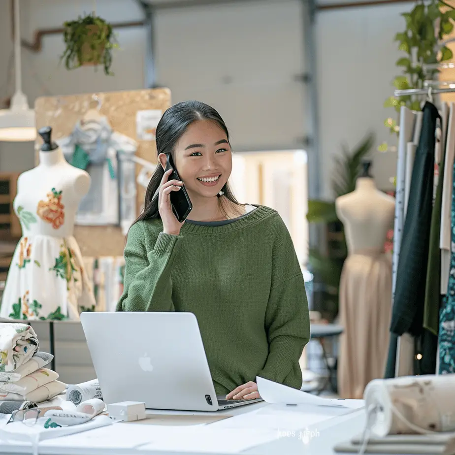 A young Asian woman in a green sweater is smiling and talking on the phone while working at her desk with a laptop. Fabric samples are scattered around, with the background of a fashion design studio containing mannequins wearing hanging from a rack. In front of the desk there is an empty white paper for notes. The room has modern furniture, pastel colored decor, plants, and large windows allowing natural light to flood through. It is a high resolution photography with detailed skin texture, in the style of realistic artwork