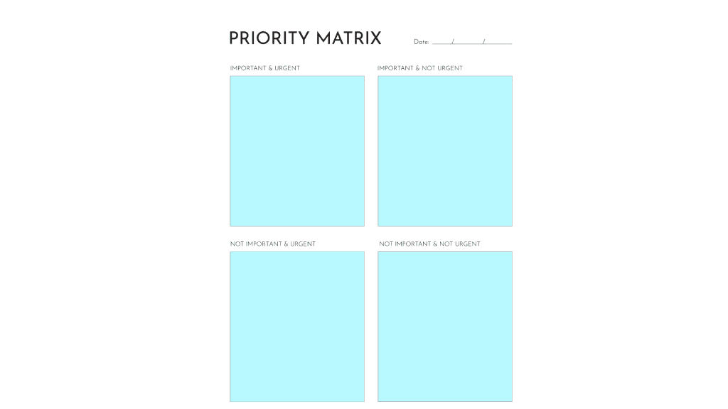 Example of an Eisenhower Box. There are squares each labeled as follows: 1. Important and urgent, 2. Important and not urgent, 3. Not important and Urgent, 4. Not important and not urgent.