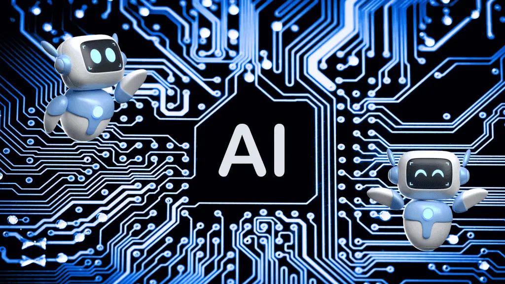 Two chat bots on a circuit board with AI in the center